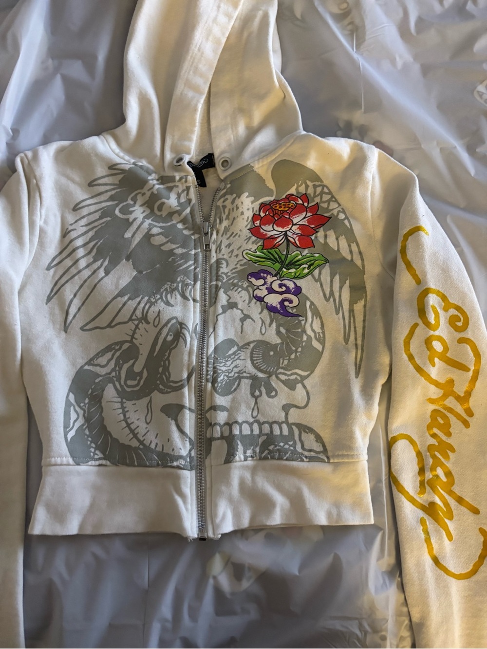 Ed Hardy White Zip-Up Hoodie Jacket with Floral & Skull Graphic